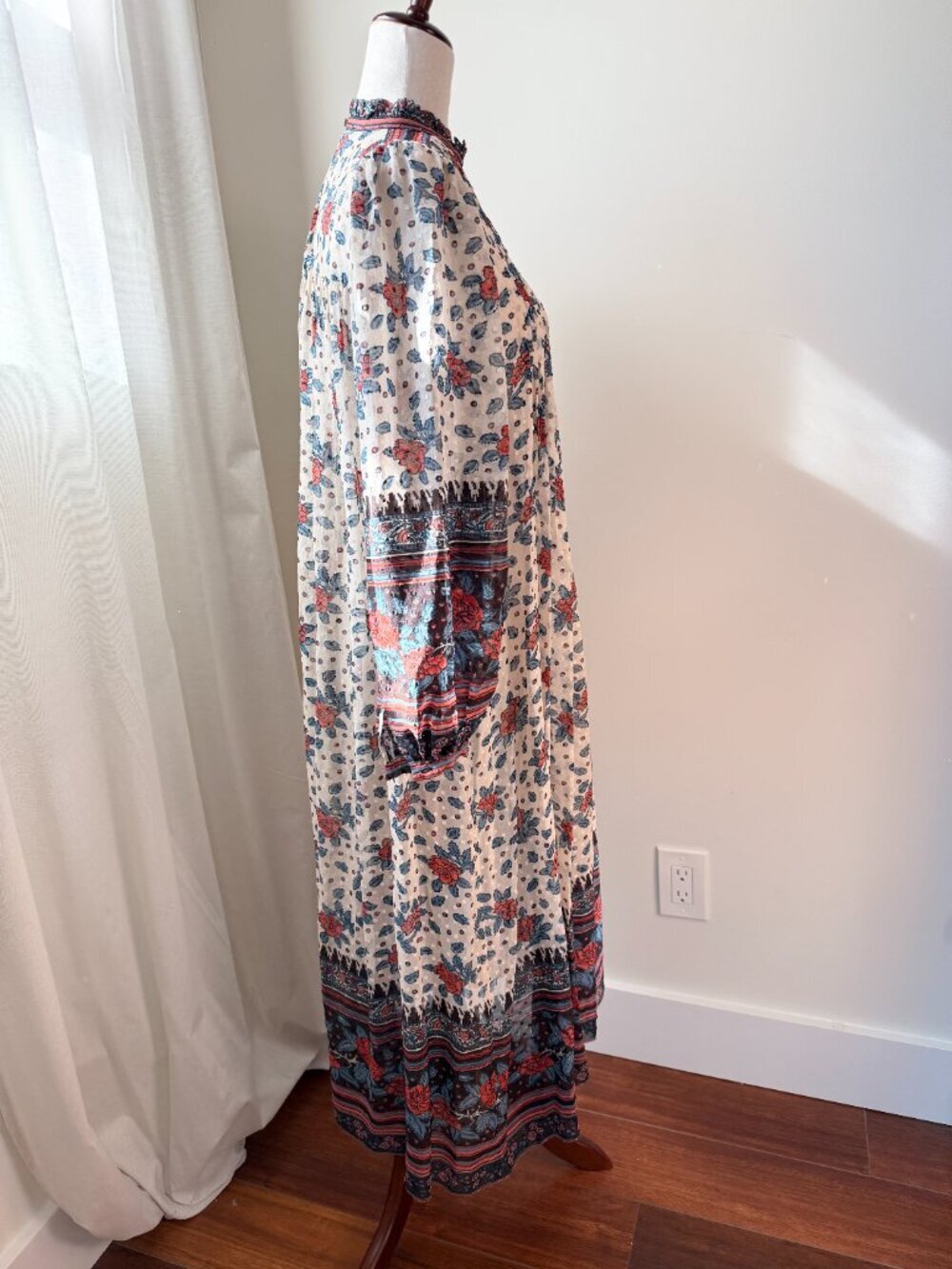 Ulla Johnson Silk Floral Pleated Boho Midi Dress Size 0 Long Sleeve - Picture 4 of 7